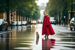 een kat in een rood jas staand Aan de straat met een kat in een rood jas. ai-gegenereerd foto