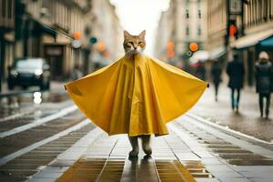 een kat gekleed in een geel regenjas wandelen naar beneden een straat. ai-gegenereerd foto