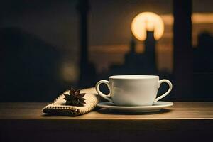 een kop van koffie en schotel Aan een tafel in voorkant van een venster. ai-gegenereerd foto