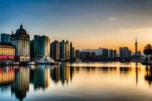 de stad horizon van Shanghai Bij zonsondergang. ai-gegenereerd foto