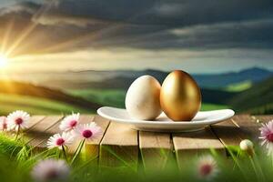 twee gouden eieren Aan een bord in voorkant van een zonsondergang. ai-gegenereerd foto