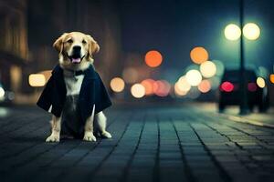 een hond zittend Aan de straat Bij nacht. ai-gegenereerd foto