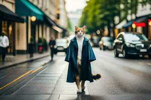 een kat in een jas wandelen naar beneden een straat. ai-gegenereerd foto