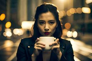 een vrouw Holding een koffie kop in de stad. ai-gegenereerd foto