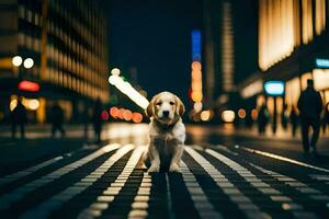 een hond staand Aan een straat Bij nacht. ai-gegenereerd foto