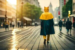 een persoon in een geel regenjas wandelen naar beneden een straat. ai-gegenereerd foto