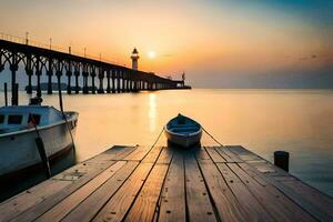 een boot zit Aan de dok Bij zonsondergang. ai-gegenereerd foto