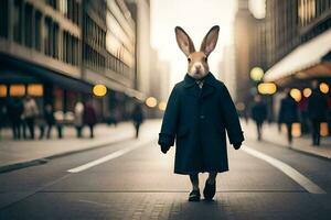 een konijn vervelend een jas en stropdas wandelen naar beneden een stad straat. ai-gegenereerd foto