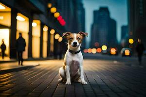 een hond zittend Aan de straat Bij nacht. ai-gegenereerd foto