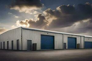 een groot industrieel gebouw met twee garage deuren. ai-gegenereerd foto