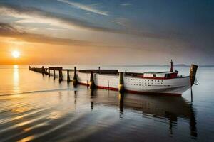 een boot zit Aan de kust Bij zonsondergang. ai-gegenereerd foto