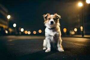 een hond zittend Aan de straat Bij nacht. ai-gegenereerd foto