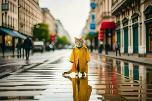 een kat in een geel regenjas staand Aan een nat straat. ai-gegenereerd foto