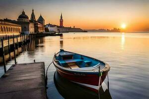 een boot zit Aan de water Bij zonsondergang. ai-gegenereerd foto