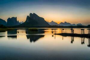 de zon sets over- bergen en water in China. ai-gegenereerd foto