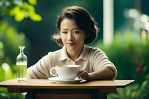 een vrouw zittend Bij een tafel met een kop van koffie. ai-gegenereerd foto