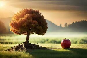 een appel en een boom in de midden- van een veld. ai-gegenereerd foto