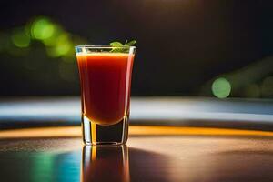 een glas van rood sap zittend Aan een tafel. ai-gegenereerd foto