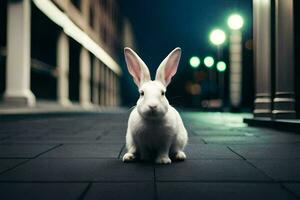 wit konijn zittend Aan de grond in een stad Bij nacht. ai-gegenereerd foto