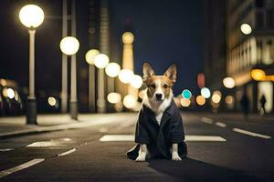 een hond in een pak zittend Aan de straat Bij nacht. ai-gegenereerd foto