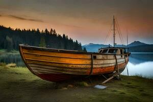 een boot zit Aan de kust van een meer Bij zonsondergang. ai-gegenereerd foto