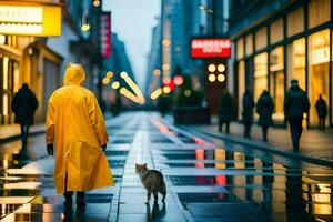 een persoon in een geel regenjas wandelen naar beneden een straat met een kat. ai-gegenereerd foto