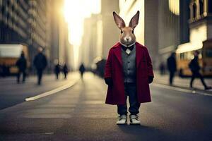 een konijn vervelend een rood jas en stropdas staand in de midden- van een stad straat. ai-gegenereerd foto