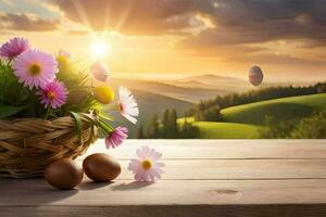 foto behang bloemen, de lucht, de zon, de mand, de eieren, de mand,. ai-gegenereerd