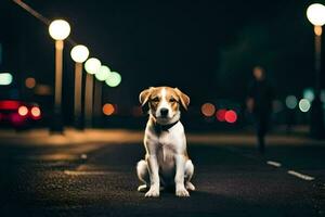 een hond zittend Aan de straat Bij nacht. ai-gegenereerd foto