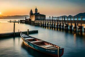 een boot zit Aan de water Bij zonsondergang. ai-gegenereerd foto