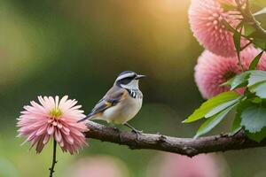 een vogel zit Aan een Afdeling met roze bloemen. ai-gegenereerd foto