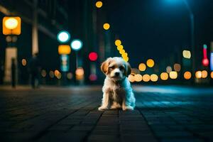 een klein hond zittend Aan de trottoir Bij nacht. ai-gegenereerd foto