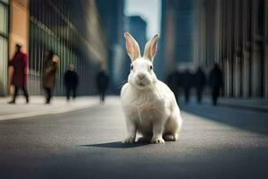 wit konijn in de stad. ai-gegenereerd foto