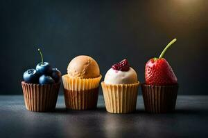 vier verschillend types van desserts in koekje omslagen. ai-gegenereerd foto