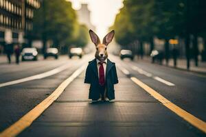 een konijn gekleed in een pak en stropdas staand Aan de straat. ai-gegenereerd foto