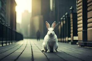 een wit konijn is zittend Aan de trottoir in een stad. ai-gegenereerd foto