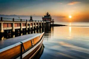 een boot aangemeerd Bij de pier Bij zonsondergang. ai-gegenereerd foto