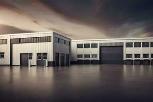 een groot industrieel gebouw met twee garage deuren. ai-gegenereerd foto