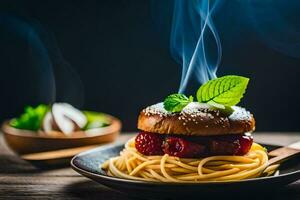 een Hamburger met spaghetti en bessen Aan een bord. ai-gegenereerd foto