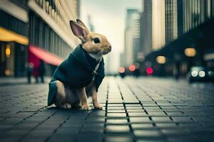 een konijn vervelend een jas zit Aan de straat. ai-gegenereerd foto