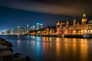 de stad lichten zijn weerspiegeld in de water Bij nacht. ai-gegenereerd foto