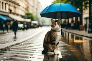 een kat is staand Aan een nat straat met een paraplu. ai-gegenereerd foto