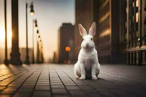 een wit konijn zittend Aan de trottoir in voorkant van hoog gebouwen. ai-gegenereerd foto