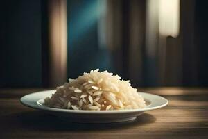 een kom van rijst- Aan een houten tafel. ai-gegenereerd foto