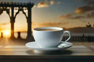 een kop van koffie Aan een tafel in voorkant van een zonsondergang. ai-gegenereerd foto
