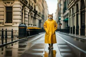 een kat in een geel regenjas staand Aan een straat. ai-gegenereerd foto