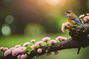 foto behang de zon, bloemen, vogel, lente, natuur, vogel, lente, natuur,. ai-gegenereerd