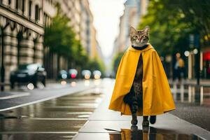 een kat vervelend een geel kaap wandelingen naar beneden een straat. ai-gegenereerd foto