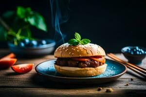 een Hamburger met kaas en tomaten Aan een bord. ai-gegenereerd foto