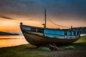 een boot zit Aan de kust Bij zonsondergang. ai-gegenereerd foto